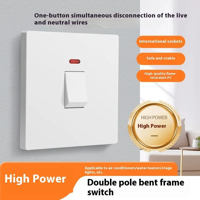 Gold, grey, and white illuminated high-current 3-pole electrical switch for appliances.