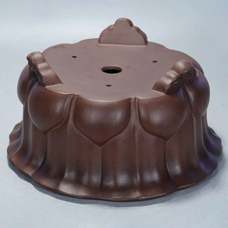 Square purple sand flower pot with petal basin edge in antique Chinese style, 37cm wide.