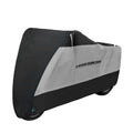Black electric motorcycle rain cover with anti-theft features shown on parked motorcycle