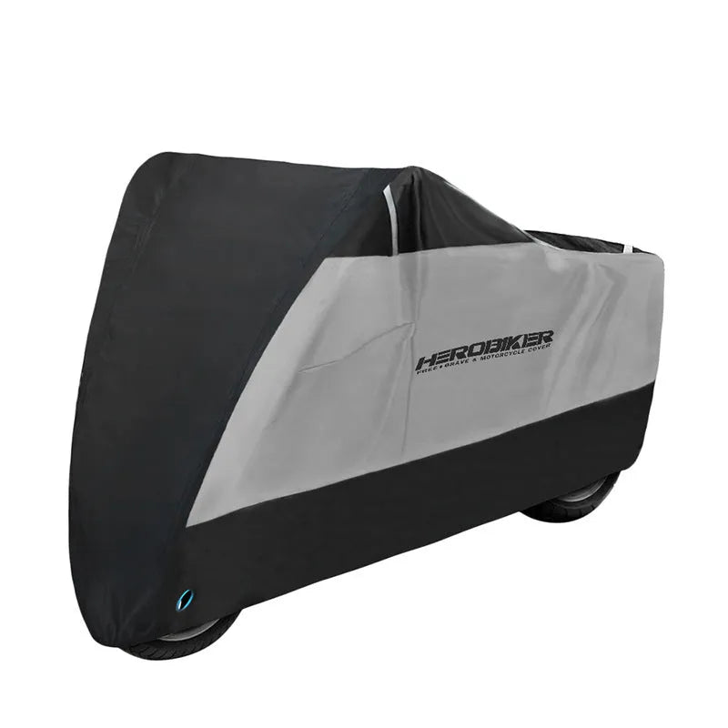 Black electric motorcycle rain cover with anti-theft features shown on parked motorcycle