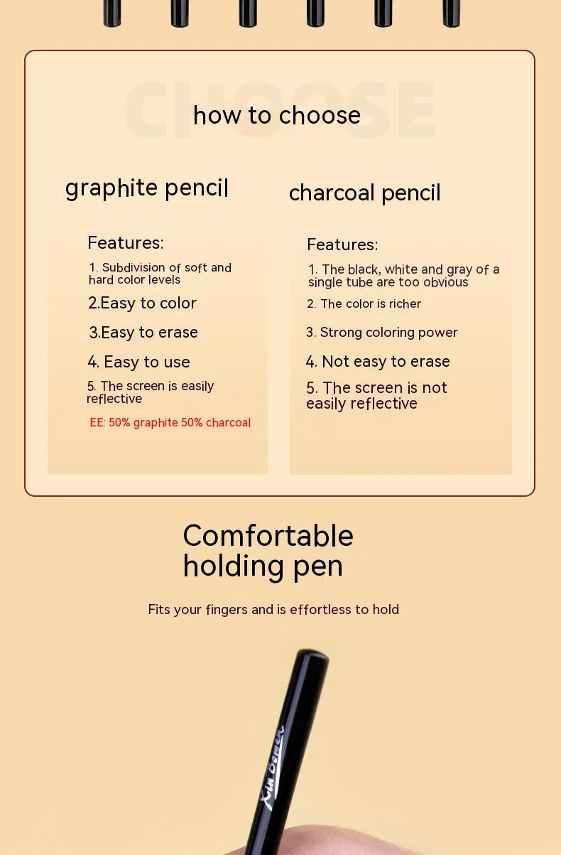 Set of six wood-free graphite full lead sketching pencils in grades HB, 2B, 4B, 6B, 8B, and EE.