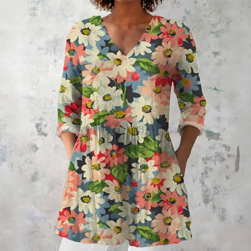 Women's retro style slim fit long sleeved top with a digital printed pattern.