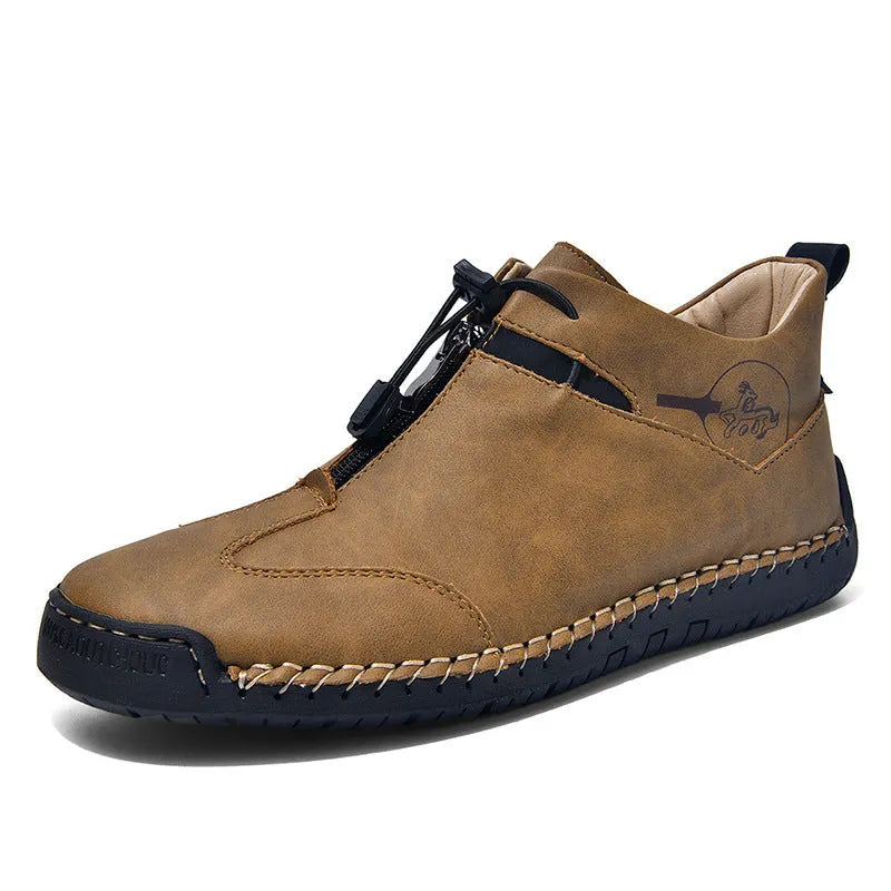 Men's black casual leather shoes with a mid-heel and rounded toe on a neutral background