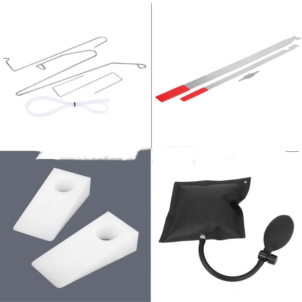 9-piece automotive lockout tool set showing air pump wedge, plastic wedges, hooks, and crowbars