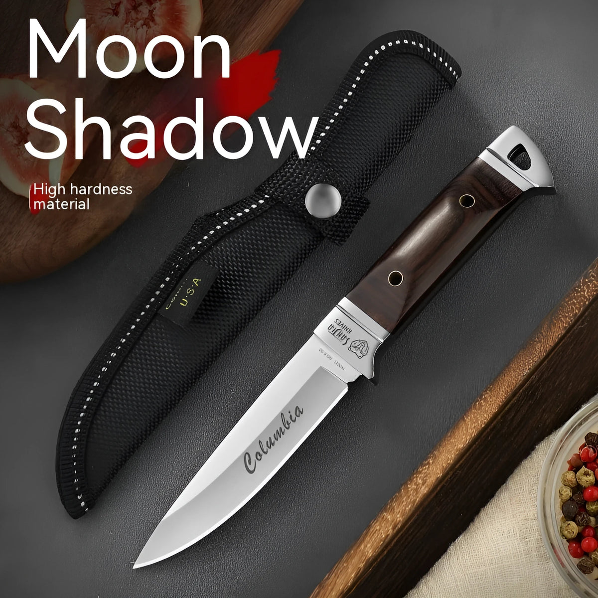 Camping multifunctional fruit knife with stainless steel blade and leather protective case