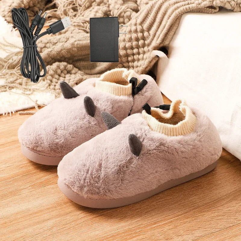 USB electric foot warmer slippers in black, grey, green, or purple, showing USB cable connection.