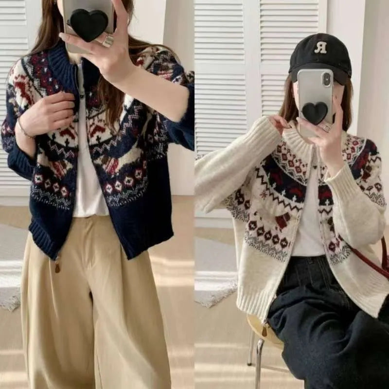 Ethnic style jacquard pullover sweater with 3D pattern in beige apricot colour