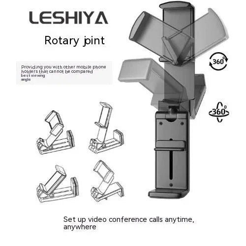Foldable rotating phone holder in black showing multiple positioning angles for mobile phones