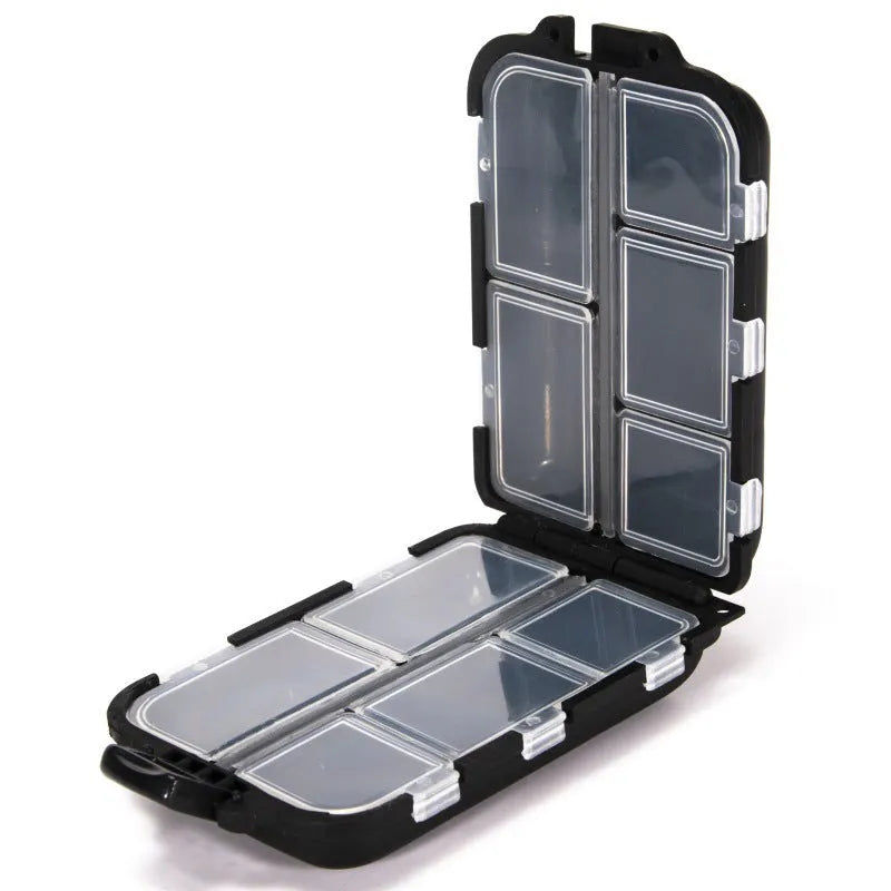 Plastic fishing tackle storage box with 10 grid compartments for organising small fishing accessories