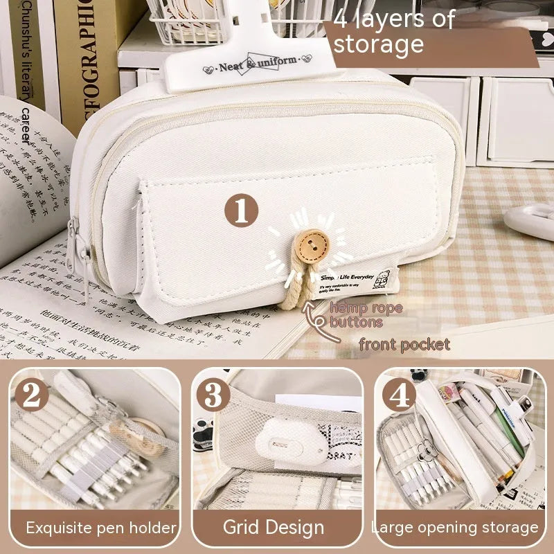 Large capacity Korean-style canvas pencil case for girls in green, holding multiple pens.