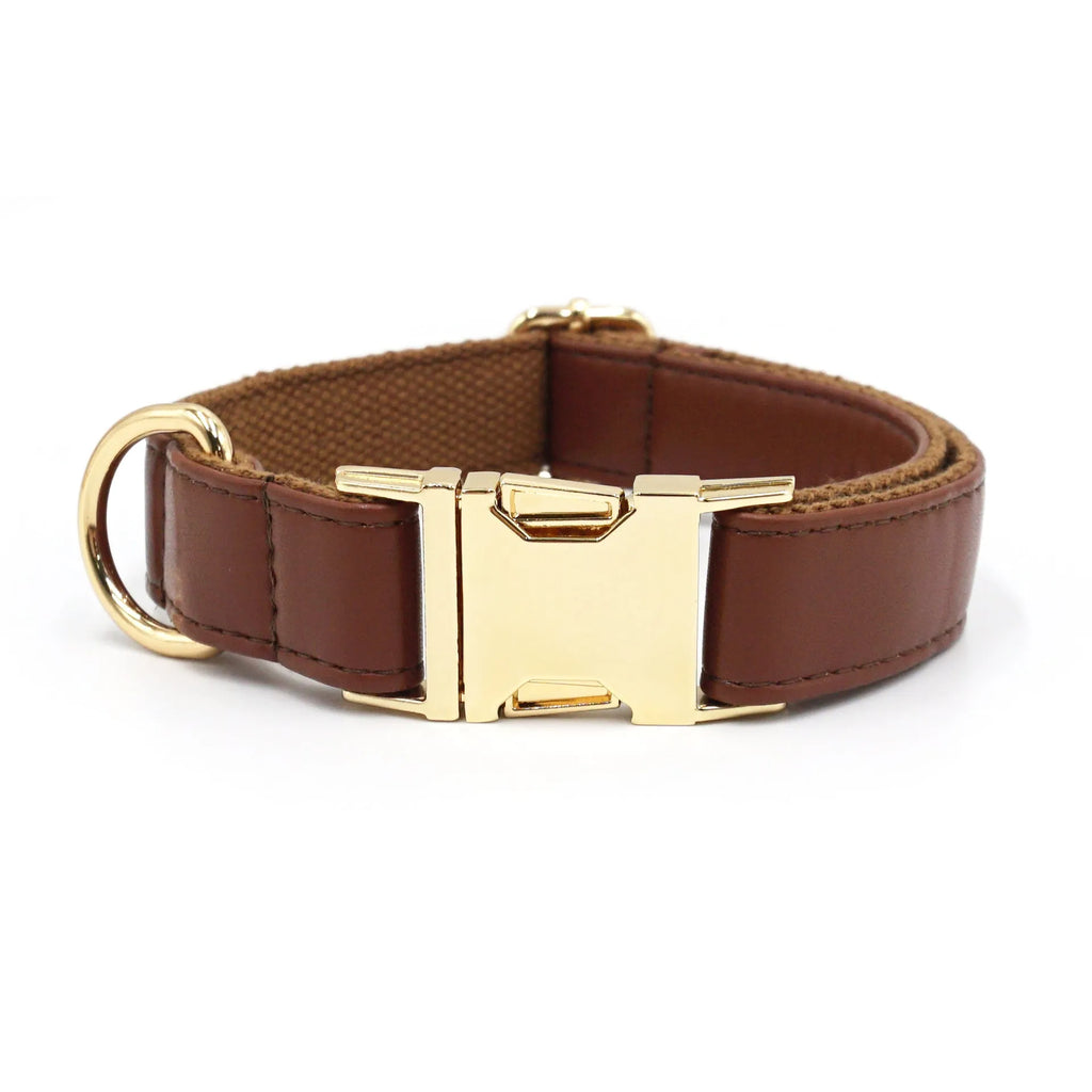 Simple colour block leather dog collar shown on a D-ring, available in multiple colours and sizes from XS to XL.