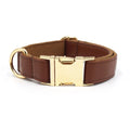Simple colour block leather dog collar shown on a D-ring, available in multiple colours and sizes from XS to XL.