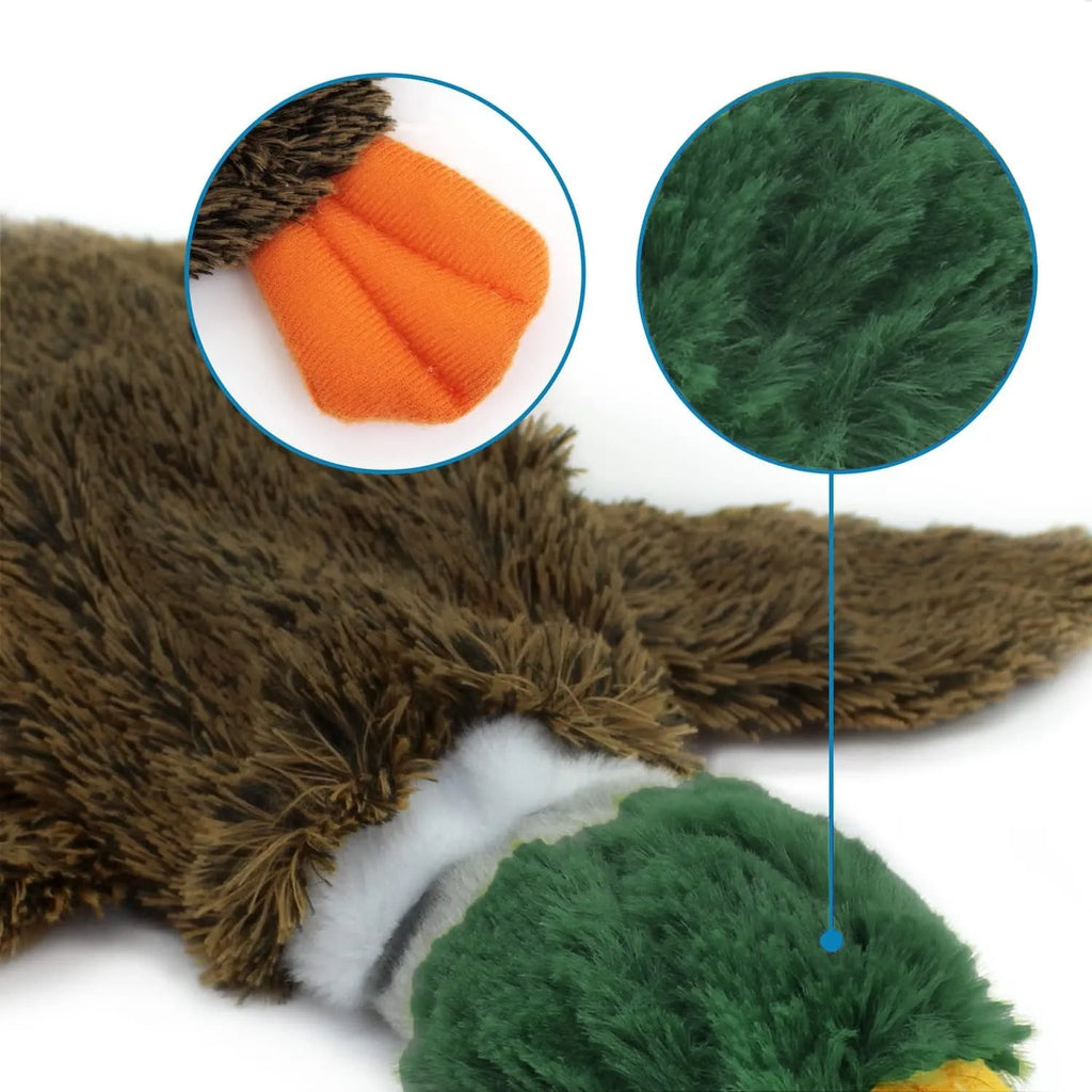 Green wild duck stuffless squeaky dog toy with a fabric loop and soft plush material.