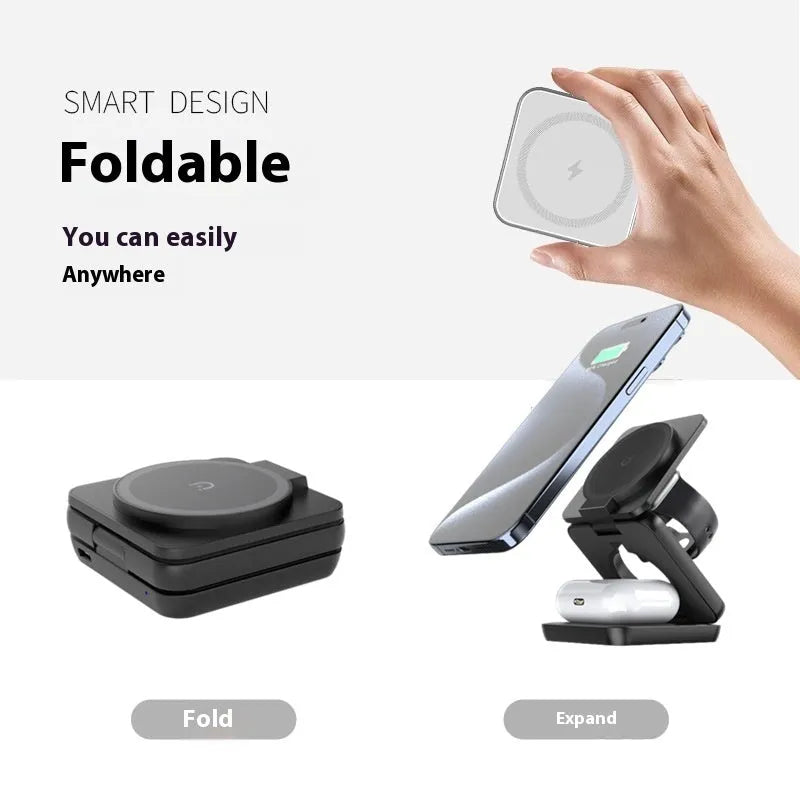 Foldable magnetic wireless charger mobile phone holder in black showing phone charging at viewing angle