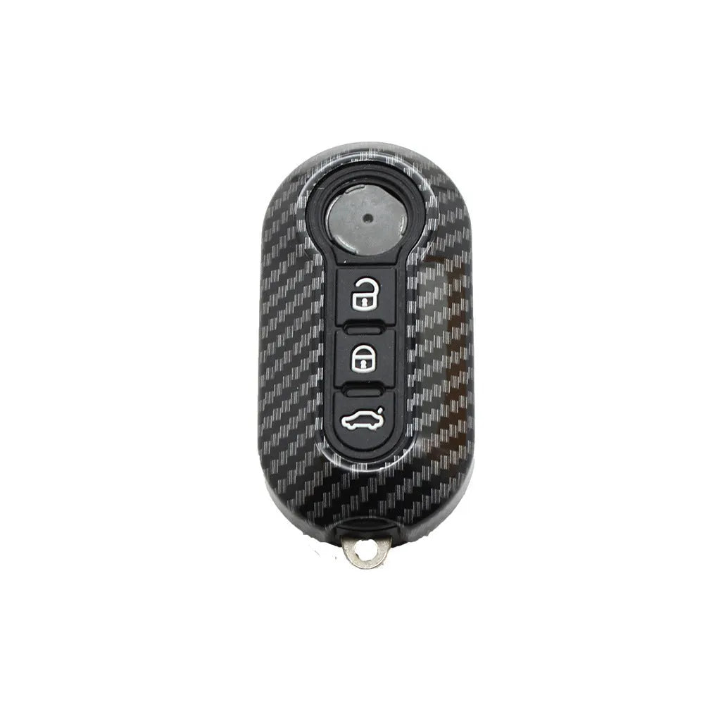 Fiat 500 Boyue Ottimo Viaggio carbon fibre design remote key case in black, red, and dark blue