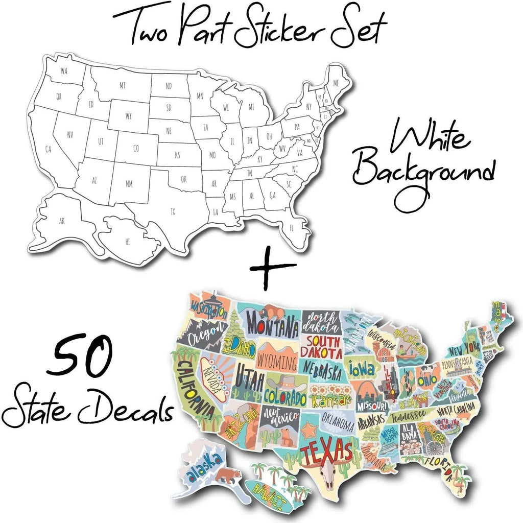 Travel-themed car sticker set with map lettering and white background on adhesive vinyl sheet.