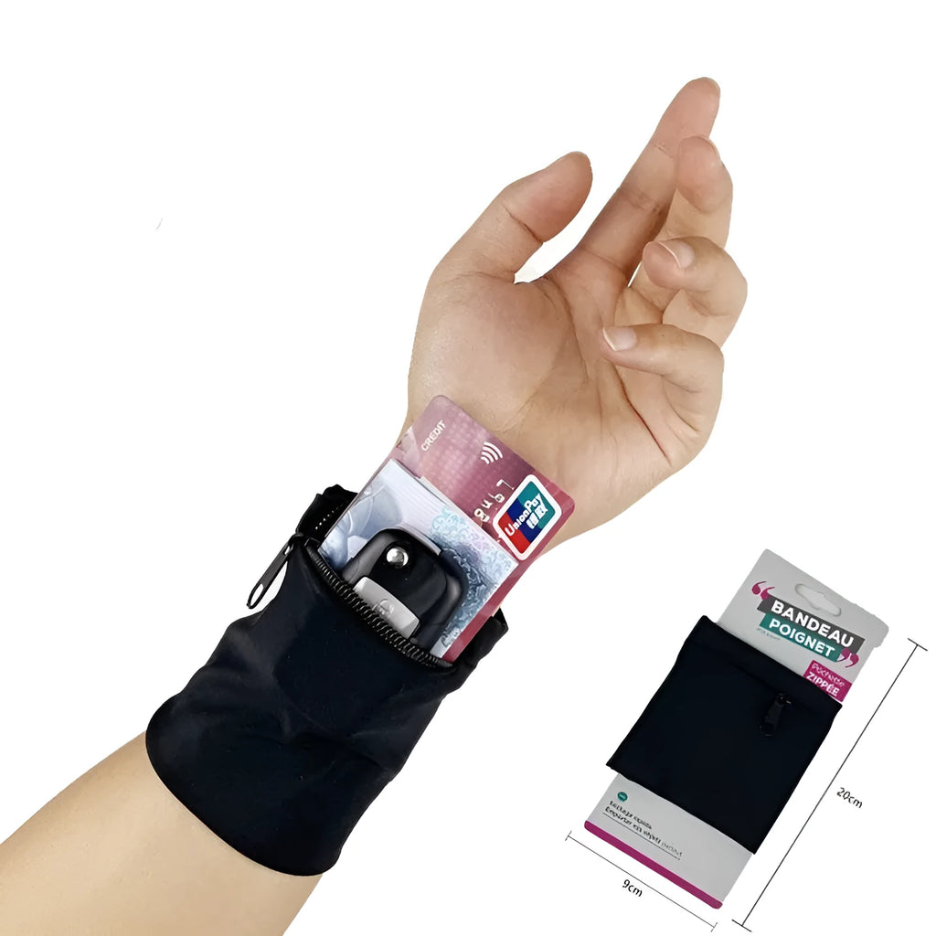 Adjustable fabric armband phone holder for wrists, shown with strap and 10x10.5cm phone compartment.