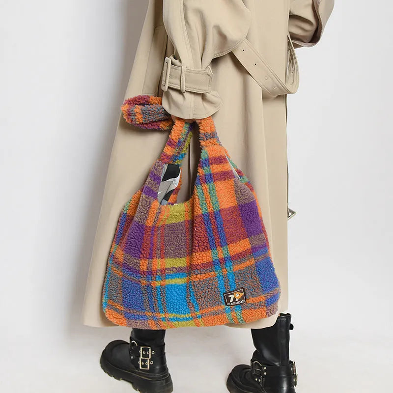 Women's soft plush plaid crossbody tote bag showing large capacity and zipper pocket in horizontal square design.