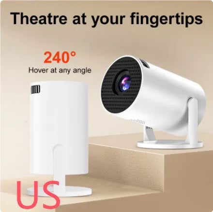 White mini wireless projector showing 1080p HD resolution for home cinema use.