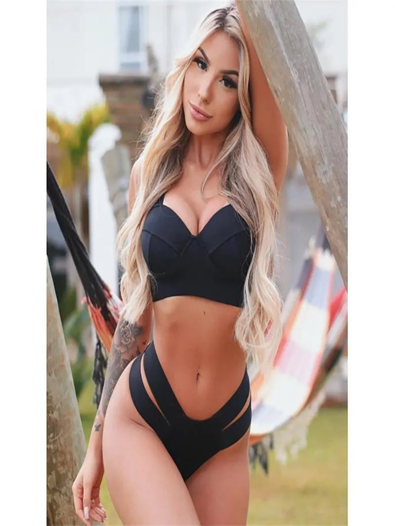 Women's steel bracket push-up bikini swimsuit in contrast colours showing front and back views