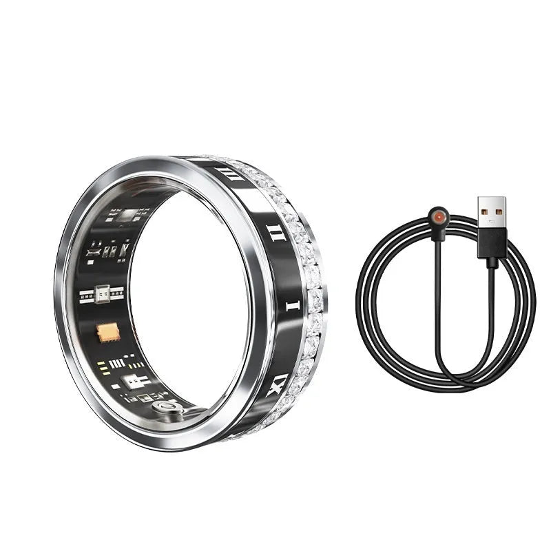Diamond inlaid smart ring showing health monitoring features on finger