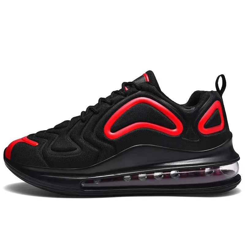 Men's black casual shoes with air cushion design, lace-up front, and thick sole for outdoor running