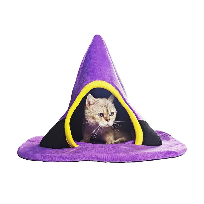 Purple witch hat shaped cat nest bed measuring 60x46cm for Halloween pet bedding