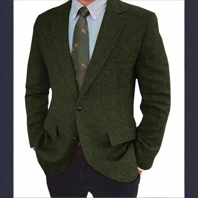Men's brown herringbone pattern suit jacket with notch lapels and flax lining.