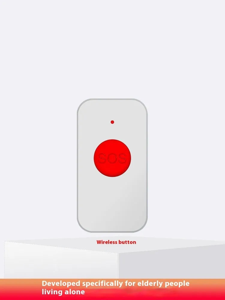 White one-click voice emergency alert device with a central buzzer unit and three separate wireless call buttons.