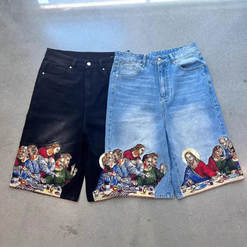 Blue men's cotton tapered shorts showing a Jesus print on the back right pocket.