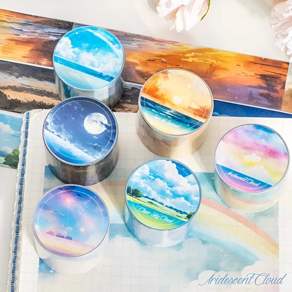 Roll of Japanese paper decorative washi tape in sky-themed colours, 30mm wide.