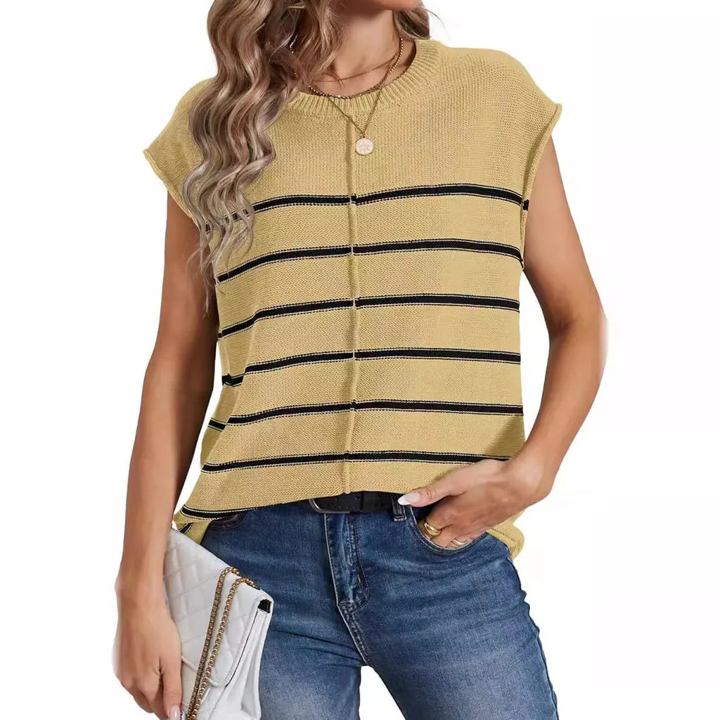 Women's striped sleeveless pullover casual top with bone stitching detail on a hanger