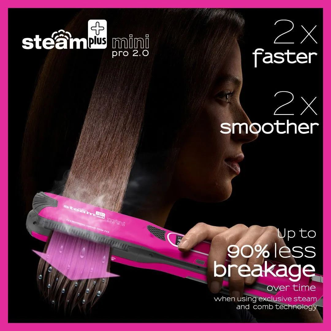 Mini steam hair straightener in purple colour with steam function display