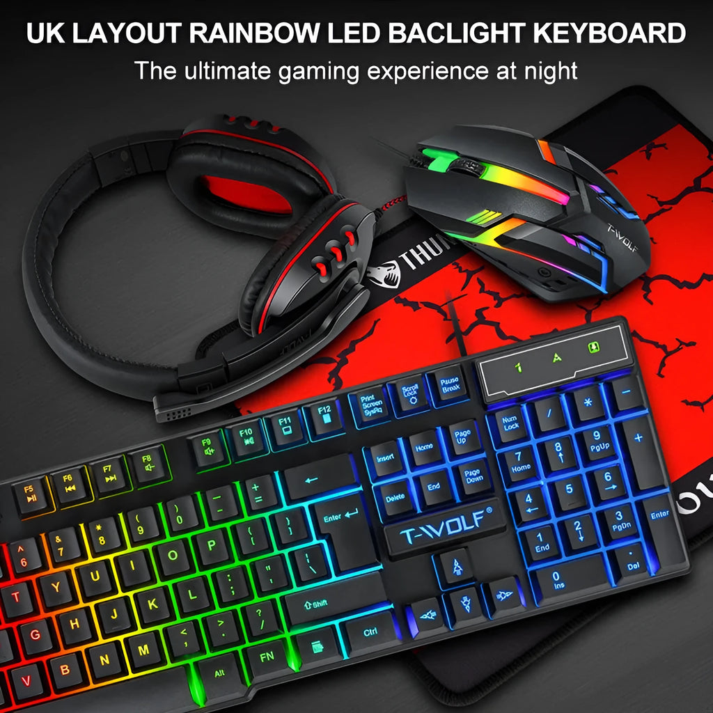 Thunder Wolf T800 wired gaming keyboard and mouse set with USB optical mouse and matching headset on mouse pad