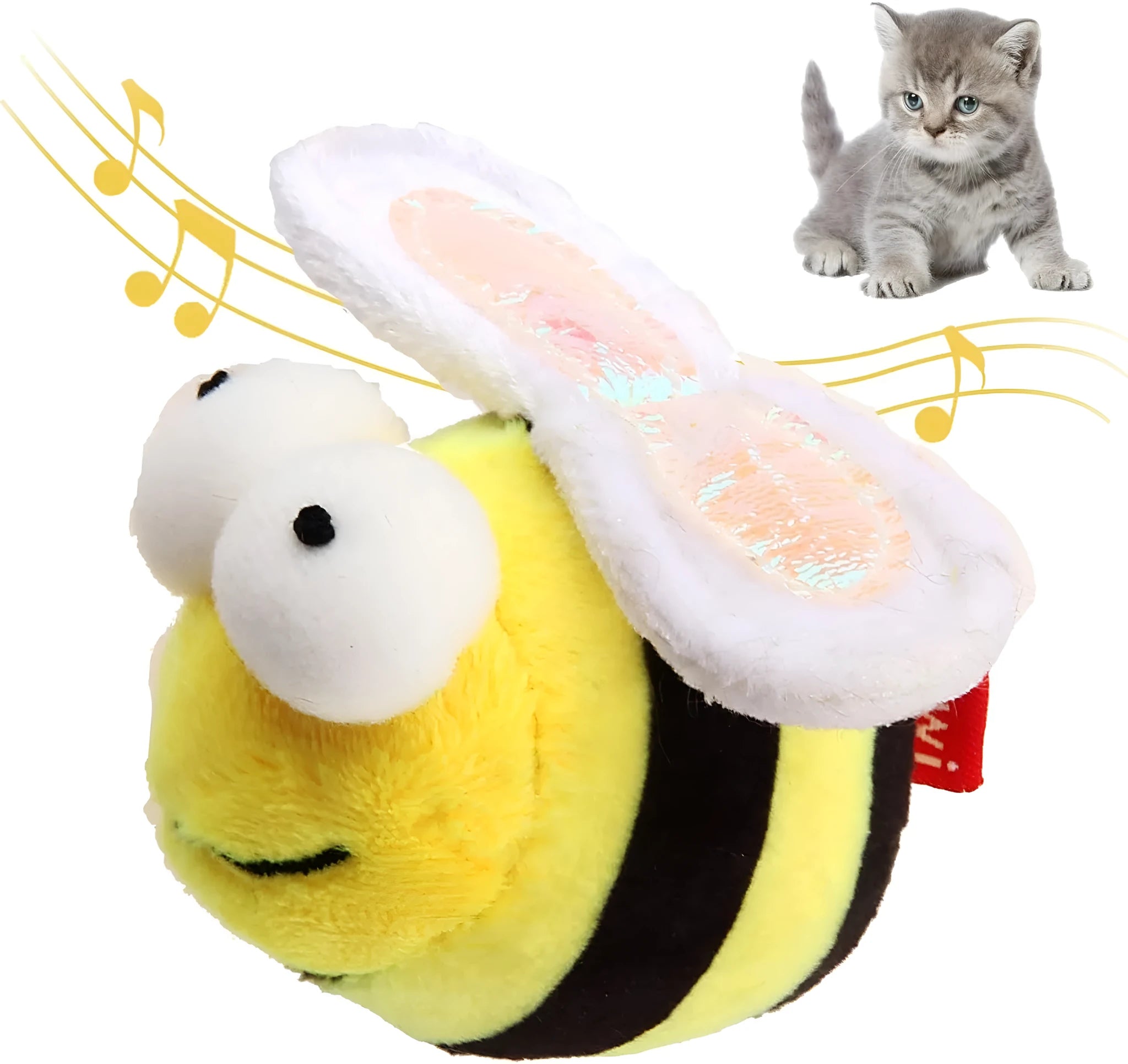 Yellow bee-shaped electronic cat toy with motion-activated chirping sound function
