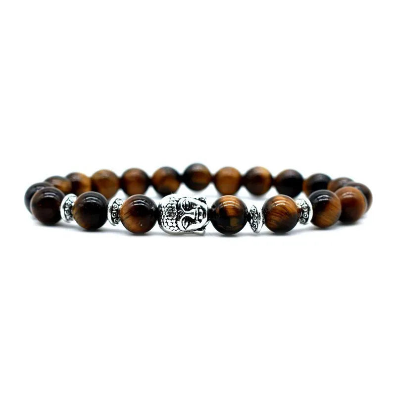 Handmade amethyst bead bracelet with a choice of tiger eye, black agate, pink crystal, or green gold Buddha head charm.