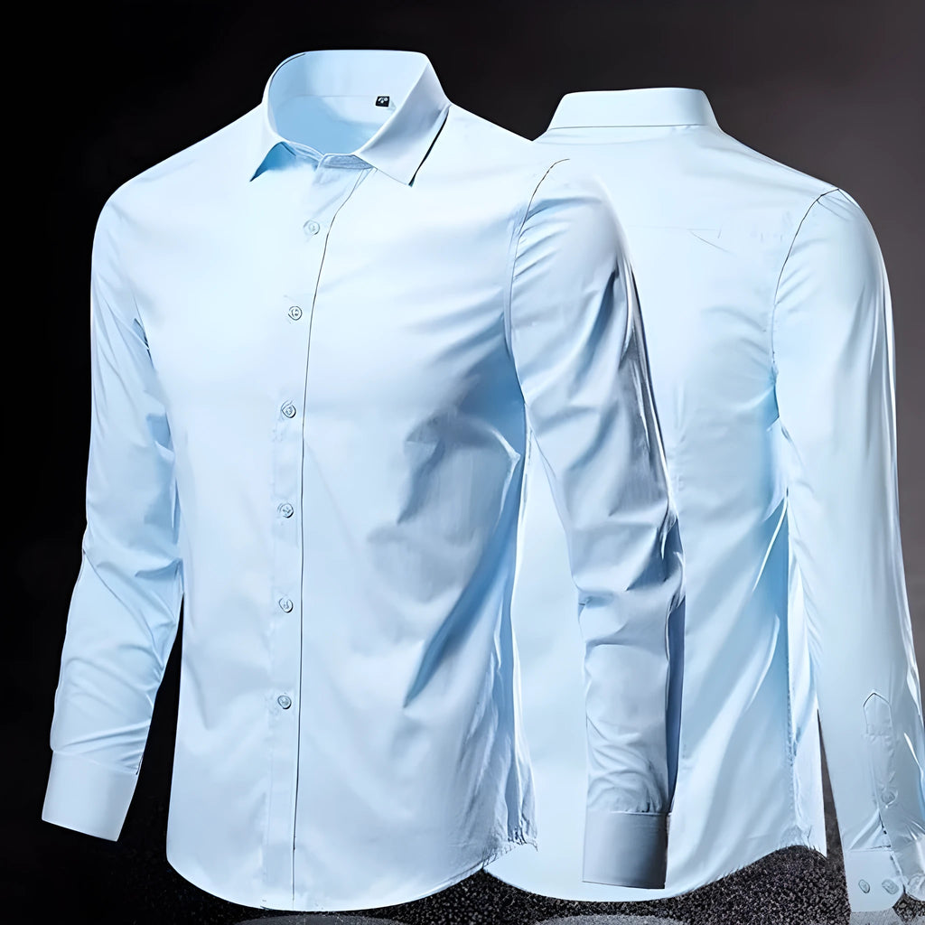 Men's slim fit long-sleeve linen shirt on a hanger, shown in a light grey colour with button front.