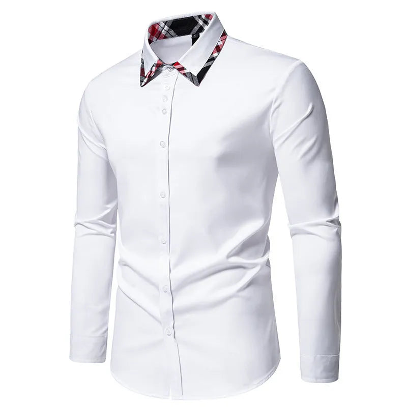 Men's long sleeve casual shirt with triangle collar and plaid pattern in polyester blend fabric