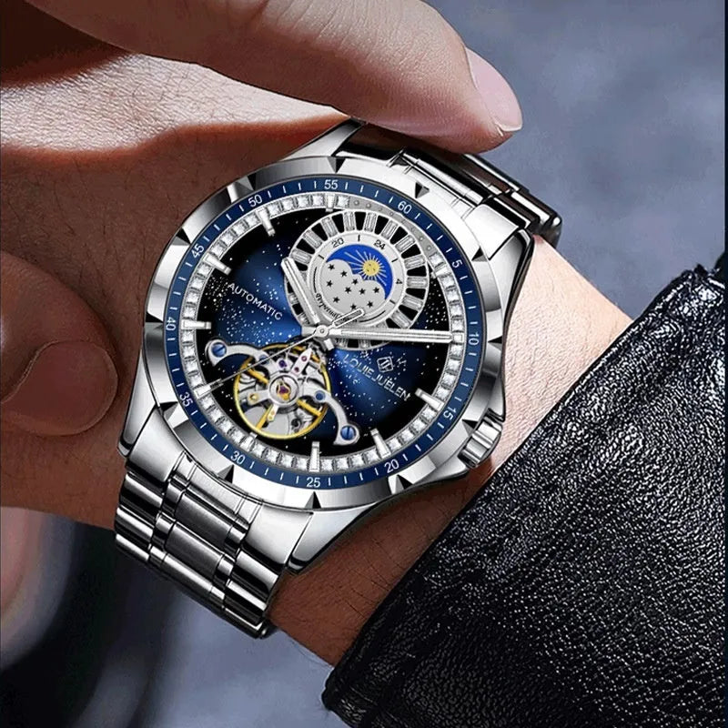 Men's silver and blue waterproof automatic mechanical watch with stainless steel strap
