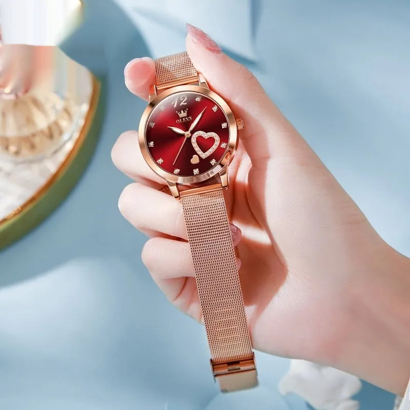 Women's fashion watch with mesh strap, 36mm alloy case, showing six dial colour options
