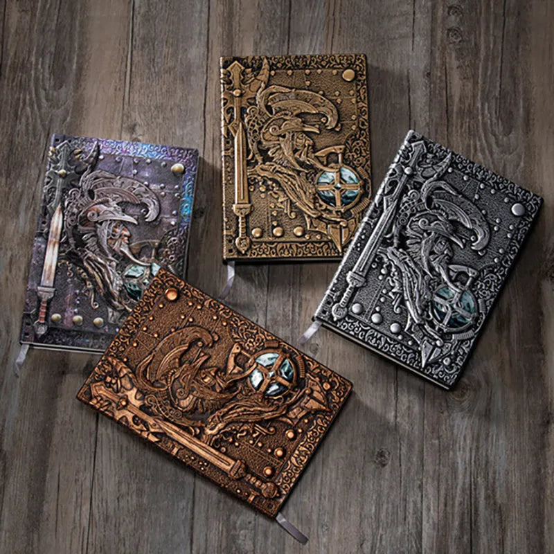 Handmade leather A5 notebook with 3D warriors relief embossed cover, open to show paper pages