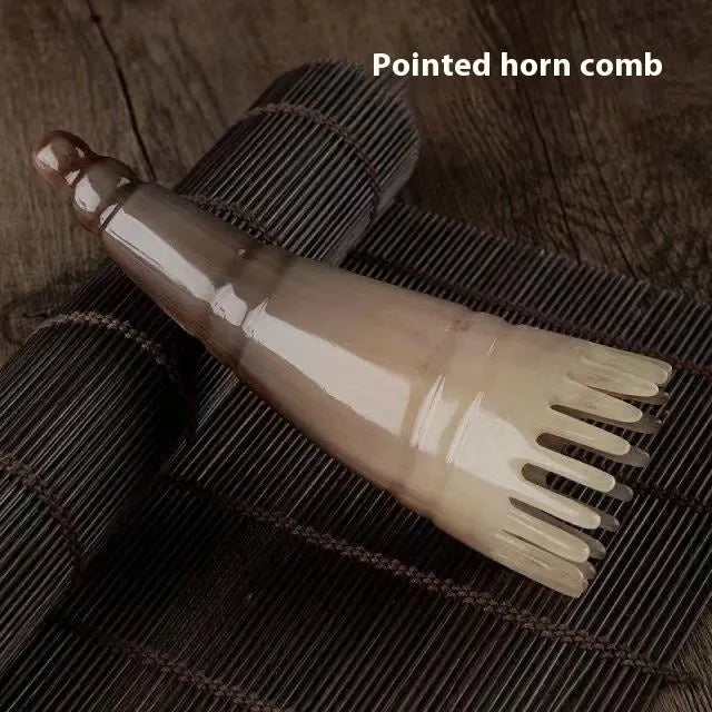 Black buffalo horn meridian massage comb with half wide teeth and pointed tube design for women's hair care