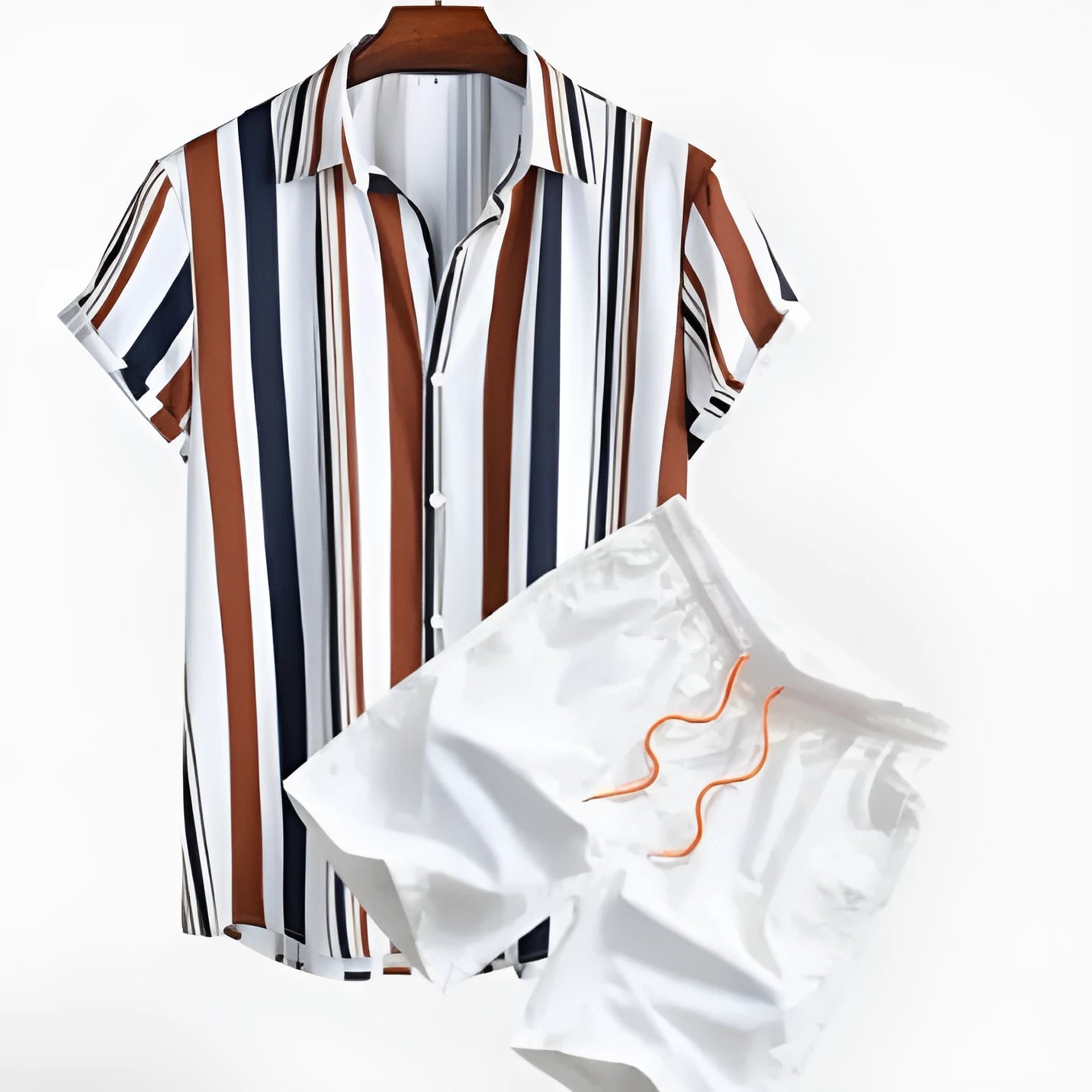 Man wearing a digital print short sleeve shirt and matching shorts from the casual suit set.