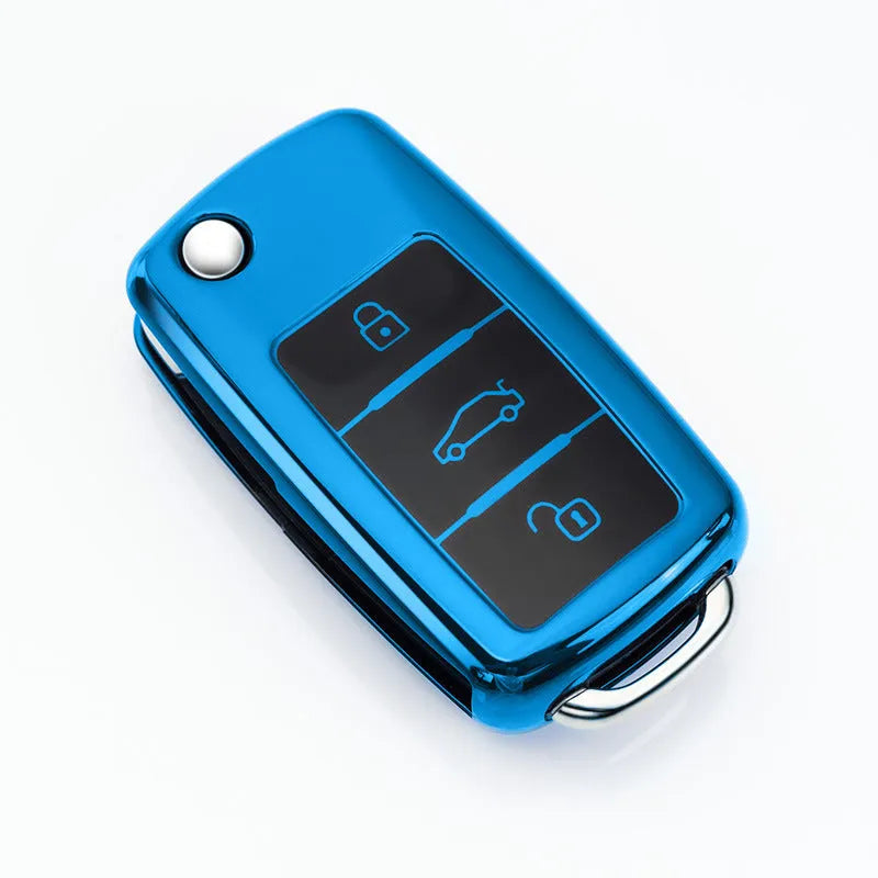 TPU protective car key case for Volkswagen Model A folding remote in blue, pink, red, and silver colour options