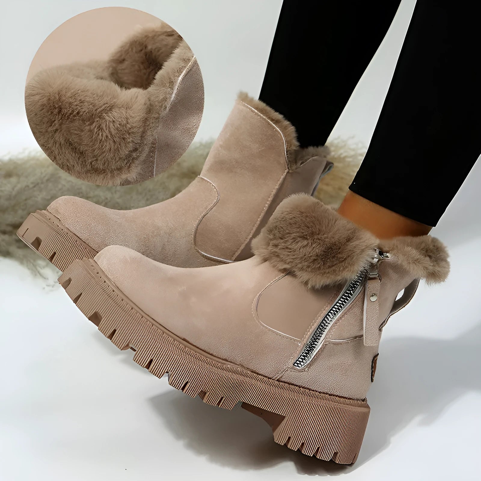 Women's black thick plush snow boots with side zipper, faux suede upper, and non-slip rubber sole.