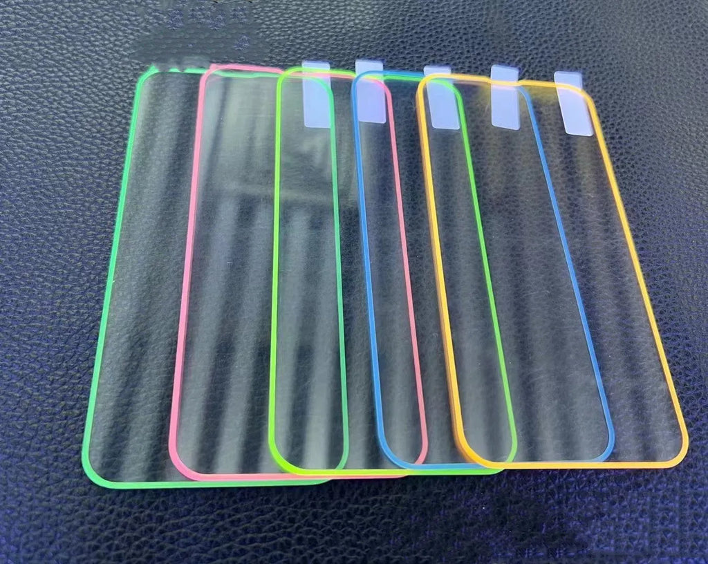 Fluorescent tempered glass screen film for iPhone showing luminous green glow effect