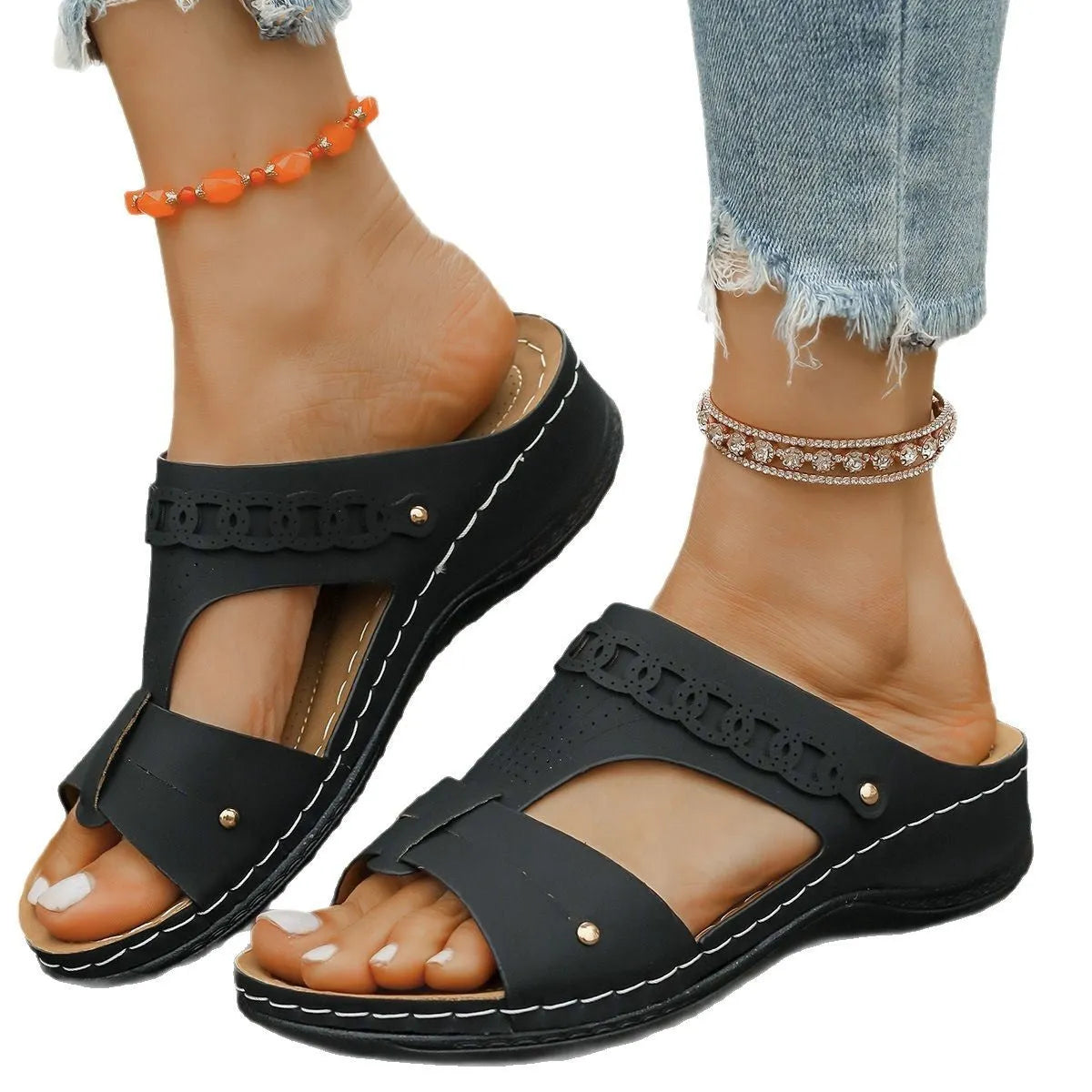 Slope heel Roman style slippers with fish mouth toe holder in multiple colour options