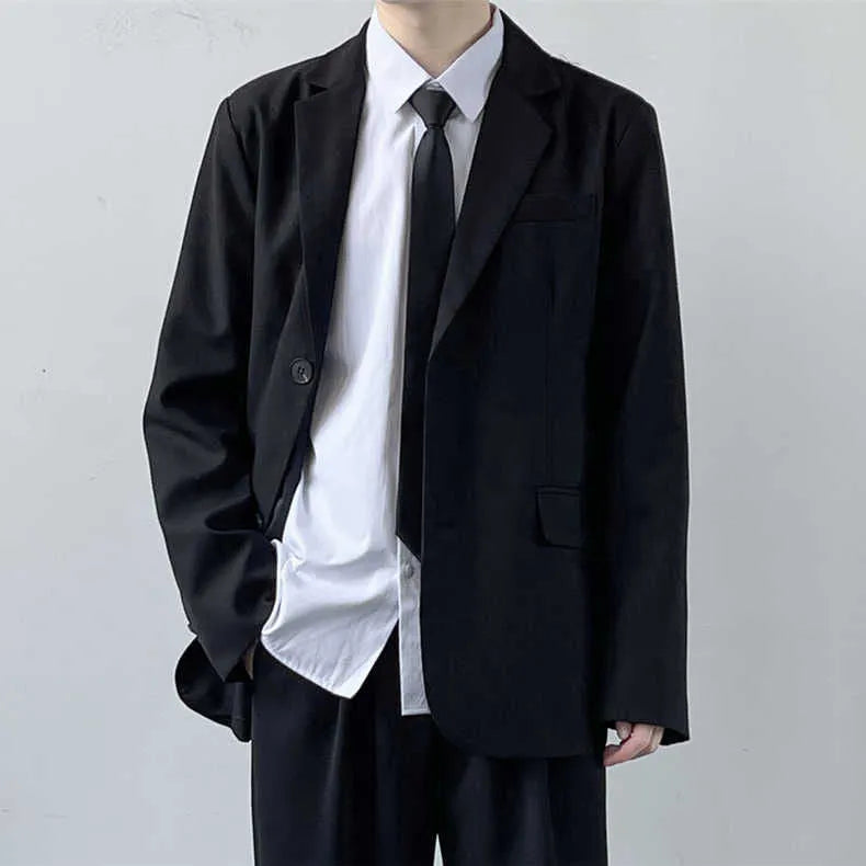 Plus size loose fit men's suit jacket and trousers set with white shirt and tie on a hanger