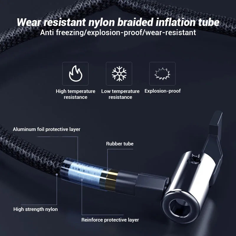Compact wireless digital tyre inflator with LED display showing pressure reading