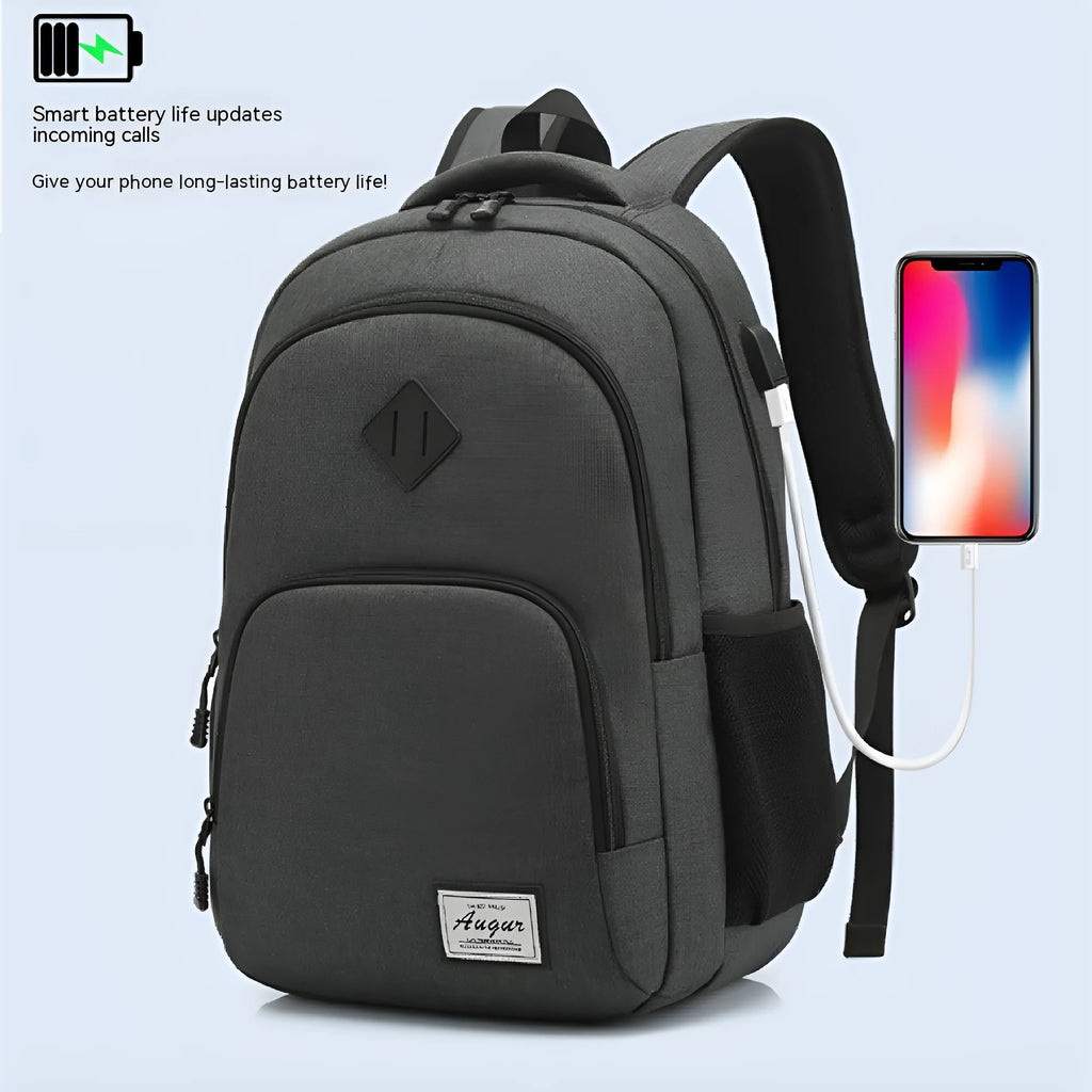 Grey USB charging backpack with trolley sleeve showing dimensions and water-resistant nylon construction
